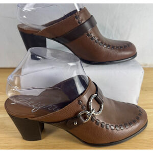 Brighton Shoes Womens Sz 7.5 Gemini Mules Brown Leather Heels Slip On EUC